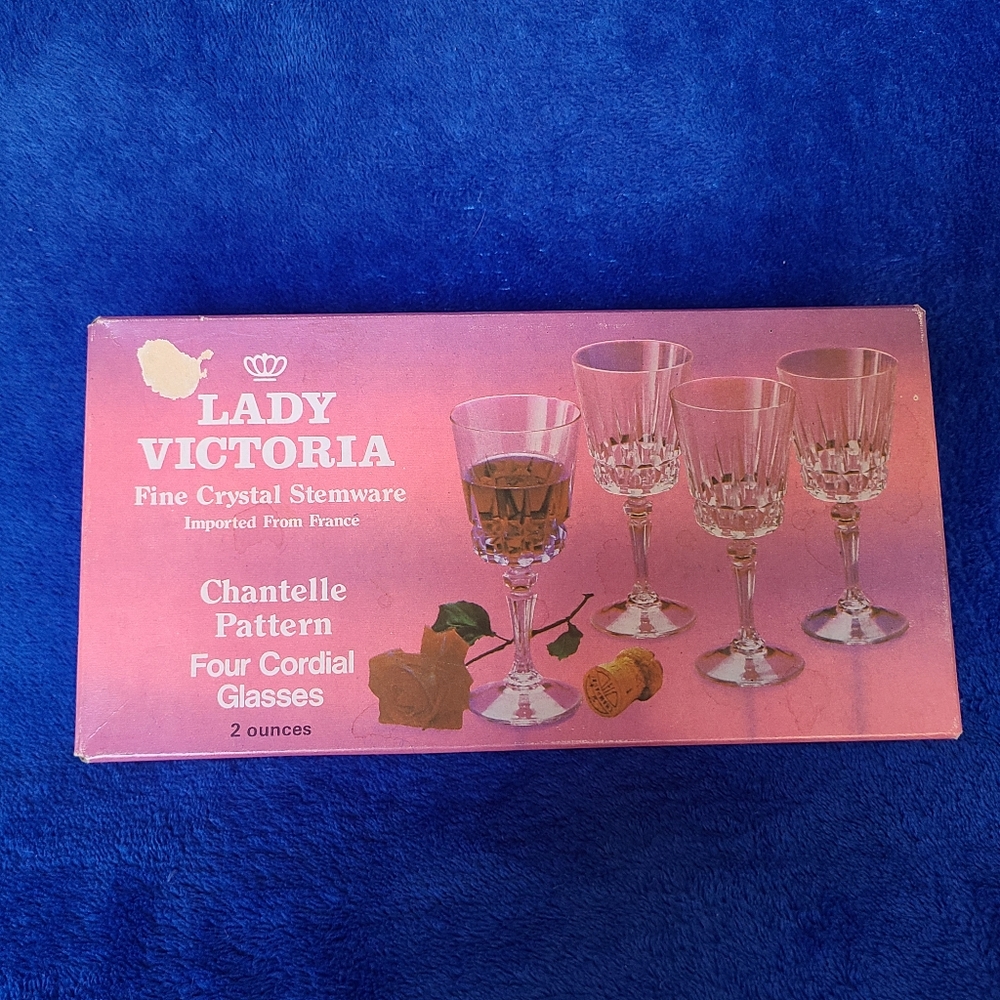 (4) Lady Victoria Chantelle Pattern Cordial Crystal Stemware France Glasses 2oz